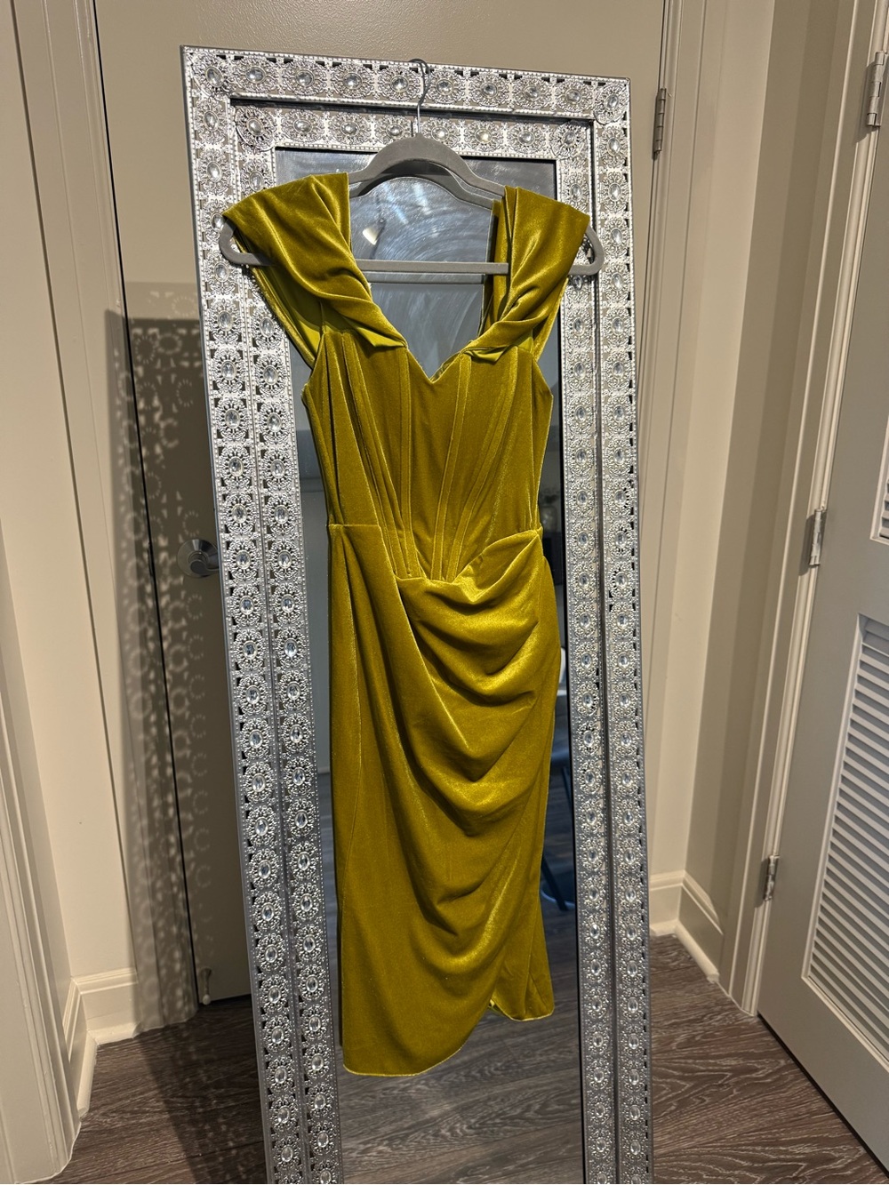 Draped V-Neck Midi Dress in Mustard